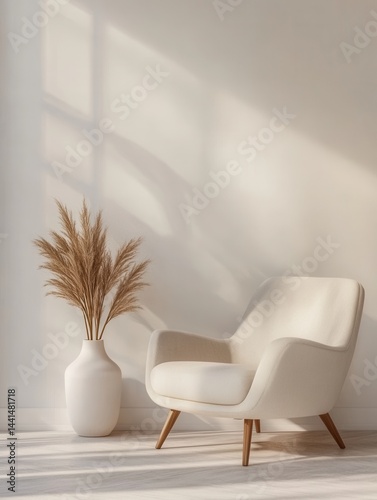 Obraz na płótnie Interior design showcasing a stylish armchair beside a vase with pampas grass against a neutral wall creating a serene and modern home decor scene with soft light w salonie