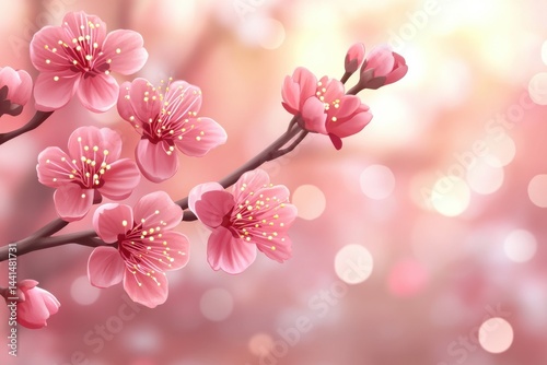 Elegant cherry blossom branch with soft pink petals and golden stamen against a bokeh background creating a serene spring floral illustration