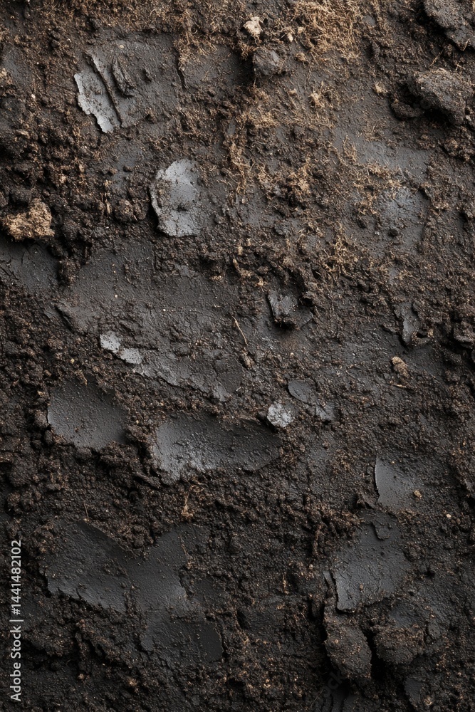 Dark fertile soil texture with organic matter creating a rich and natural background for agriculture and gardening representing growth and earthiness from a high angle view