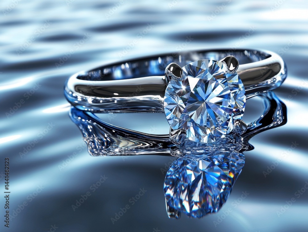 Elegant diamond ring reflecting on rippled water surface showcasing luxury and brilliance for engagement wedding or anniversary with a cool and serene visual mood