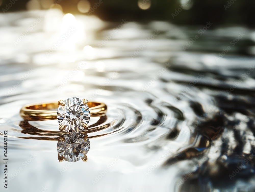 Elegant gold engagement ring with brilliant diamond reflecting in serene water surface romantic proposal concept luxury jewelry photography