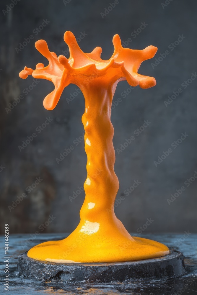 Captivating orange liquid splash frozen in time against a dark background dynamic movement abstract form artistic detail studio shot vibrant color