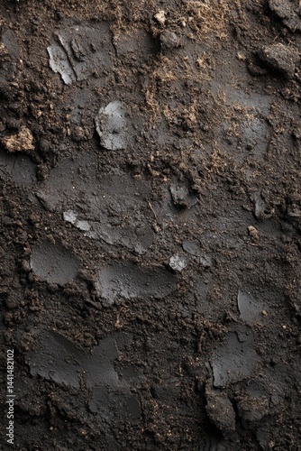 Dark fertile soil texture with organic matter creating a rich and natural background for agriculture and gardening representing growth and earthiness from a high angle view