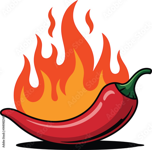 Fiery red chili pepper with flames vector illustration depicting hot and spicy flavor profile