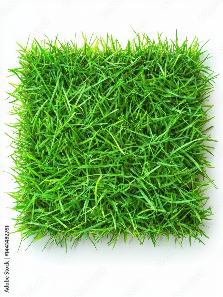 Vibrant green grass square on white background showcasing lush texture and vivid color perfect for nature and garden themes aerial shot