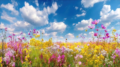 Obraz na płótnie Scenic Summer Meadow Landscape with Blooming Wildflowers Under a Bright Blue Sky with Fluffy Clouds Capturing a Serene and Vibrant Natural Scene w salonie
