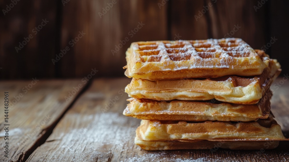 Stack of golden waffles dusted with powdered sugar on rustic wooden table for a delicious breakfast or brunch sweet treat with natural light and soft focus background
