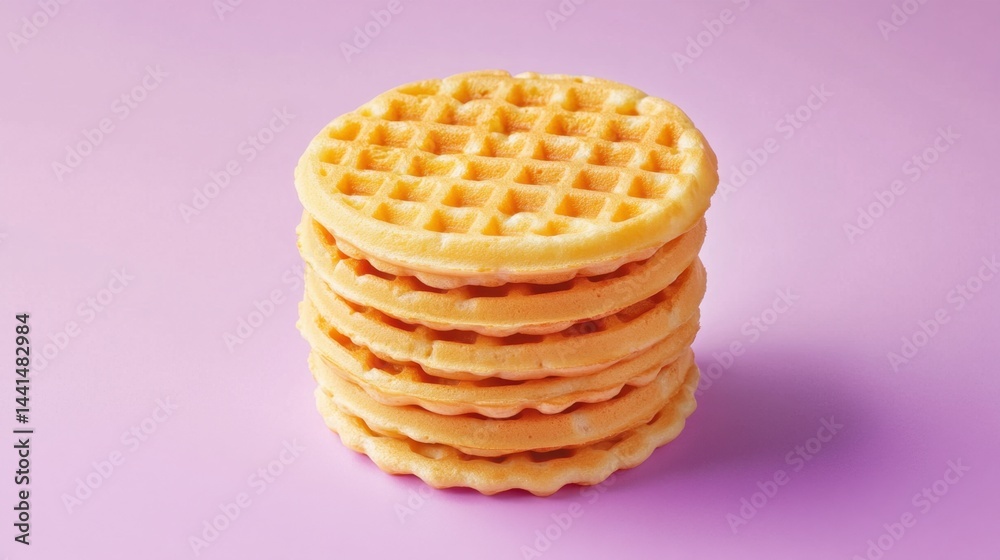 Stack of Freshly Baked Waffles on a Pastel Background Delicious Breakfast Treat Sweet Food Concept Round Waffles Perfect for Syrup or Toppings Simple Composition