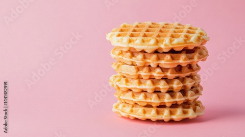 Obraz na płótnie Stack of Delicious Freshly Baked Waffles on a Pink Background Perfect for Breakfast or Brunch Sweet Treat Delightful Texture and Golden Color Food Photography w salonie