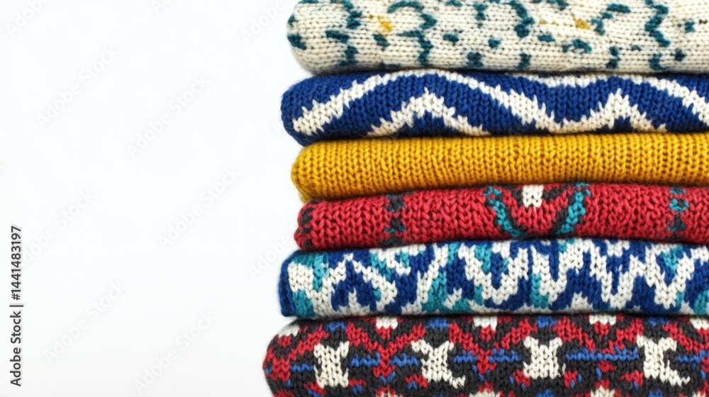 Stack of colorful knitted sweaters on a white background creates a warm and cozy mood for winter season fashion and apparel with soft texture and vibrant design