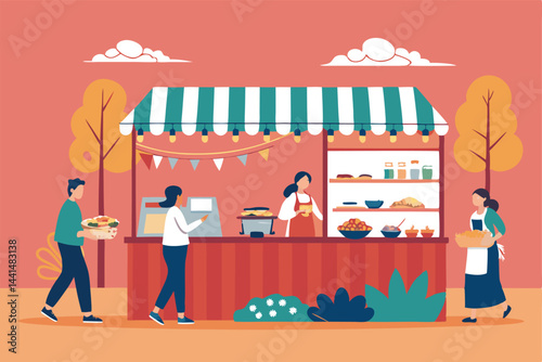 Vibrant vector illustration of a bustling food festival booth, showcasing diverse food items, happy customers, and lively atmosphere.  Include detailed food and booth design.