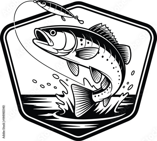 Leaping largemouth bass catching lure in hexagonal badge black and white fishing vector illustration