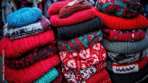 Vibrant Stack of Knitted Winter Hats Displaying Colorful Patterns and Textures Offering Warmth and Style in a Cozy and Inviting Composition for Cold Weather Fashion
