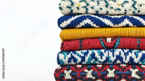 Obraz na płótnie Stack of colorful knitted sweaters on a white background creates a warm and cozy mood for winter season fashion and apparel with soft texture and vibrant design w salonie