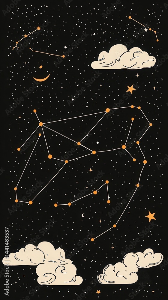 Celestial Canvas with Constellations and Clouds in a Dreamy Night Sky Illustration Cosmic Art