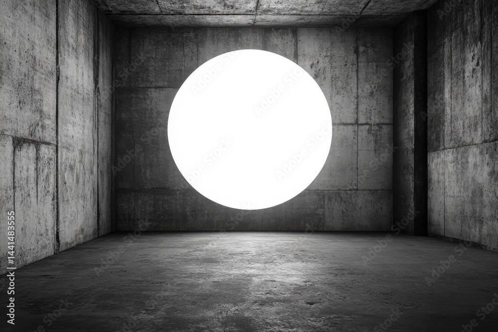 Concrete room with bright circle illuminating the space creating a modern and minimalist design concept with a dark and moody atmosphere and industrial style