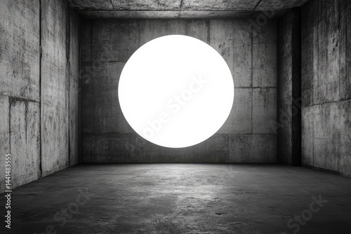 Concrete room with bright circle illuminating the space creating a modern and minimalist design concept with a dark and moody atmosphere and industrial style