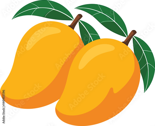 Two ripe yellow mangos with green leaves fresh tropical fruit vector illustration