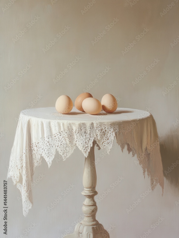 Elegant Still Life Oil Painting of Eggs on a Lace Covered Table Capturing a Sense of Calm and Simplicity in a Neutral Toned Interior with Soft Lighting