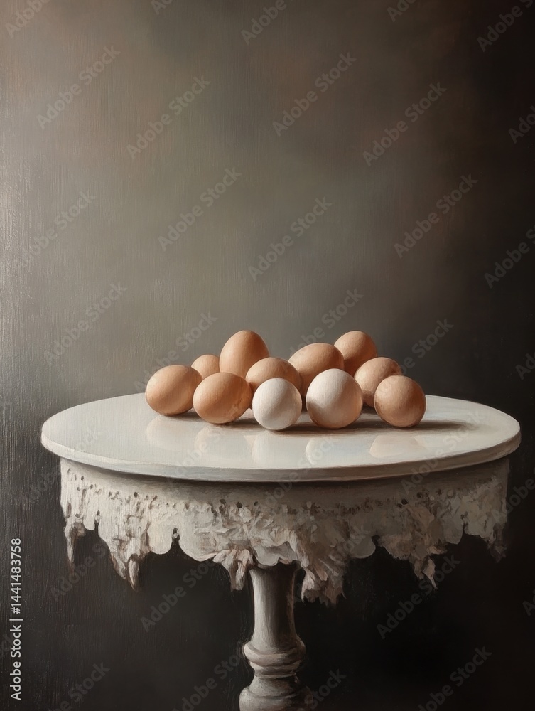 Still life painting of brown and white eggs on a round table with lace trim against a dark gray background in an elegant classic style with soft lighting