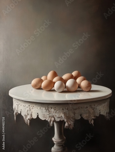 Obraz na płótnie Still life painting of brown and white eggs on a round table with lace trim against a dark gray background in an elegant classic style with soft lighting w salonie
