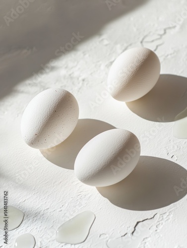 Obraz na płótnie Three white eggs on a textured white surface bathed in natural light casting soft shadows a minimalist composition with a focus on texture and form a clean and bright food photography w salonie