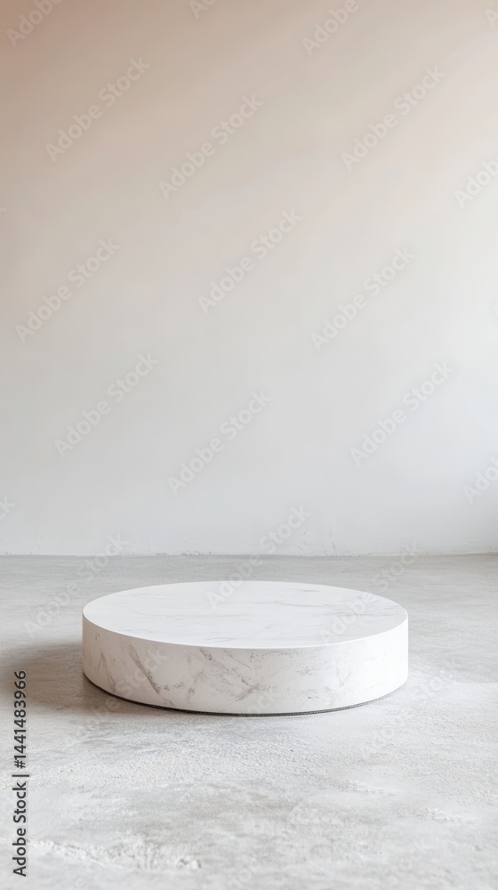 Minimalist marble podium on concrete floor against a plain wall backdrop in soft natural light studio shot for product display and promotion with neutral background