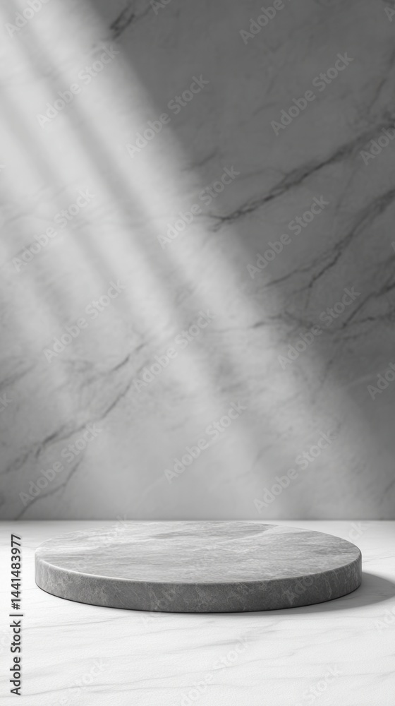 Elegant marble podium display with soft light rays creating a serene and sophisticated presentation scene for product showcase in studio setting with neutral background