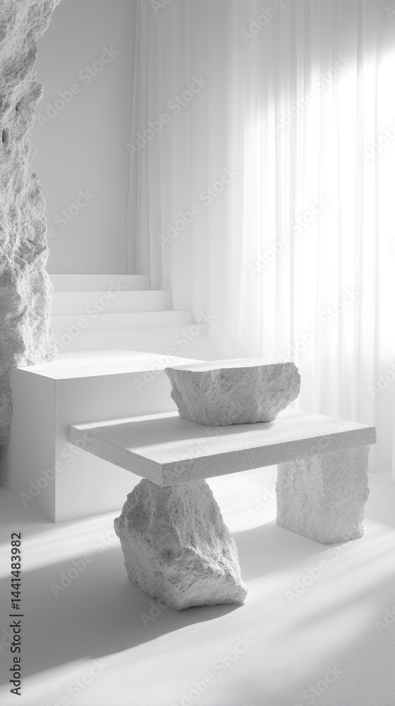 Serene minimalist interior with stone bench and textured wall in monochrome palette calm atmosphere bright light natural elegance architectural composition