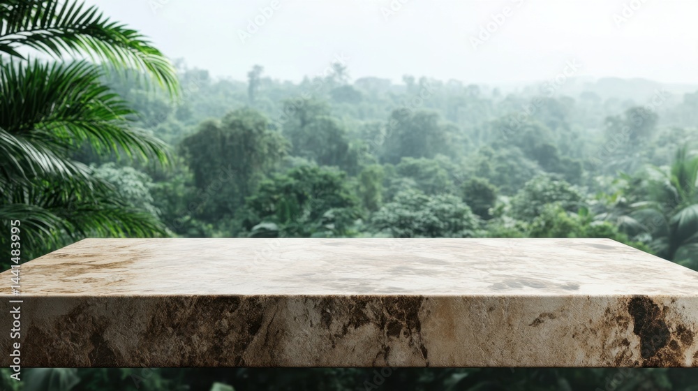 Serene marble surface overlooking a lush green tropical forest in a misty atmosphere creating a natural product display platform with a tranquil and exotic vibe