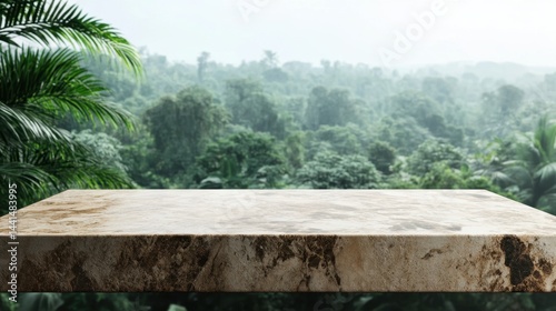 Obraz na płótnie Serene marble surface overlooking a lush green tropical forest in a misty atmosphere creating a natural product display platform with a tranquil and exotic vibe w salonie