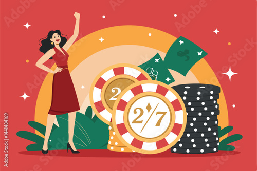 A glamorous woman triumphantly displays a giant casino chip against a blurred Vegas-style backdrop.  She exudes excitement and wealth.