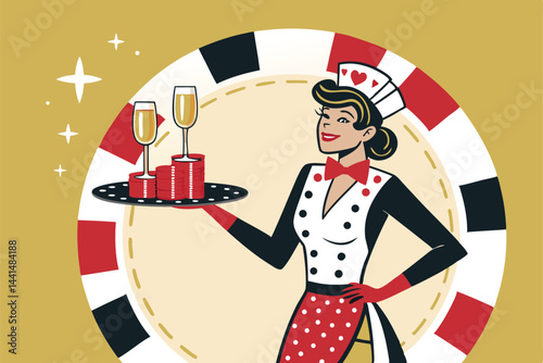 A glamorous lady in a sophisticated casino outfit elegantly holds a tray laden with champagne flutes.  The setting suggests a luxurious casino environment.