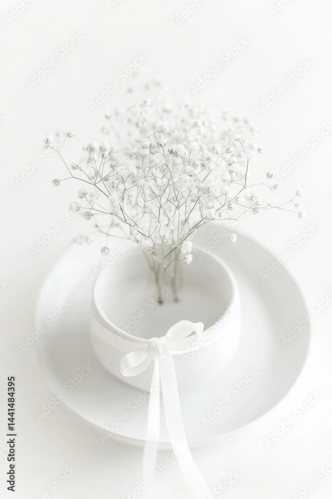 Delicate baby's breath floral arrangement in a white ceramic vase with a satin ribbon on a plate creating a serene and minimalist aesthetic against a clean white background