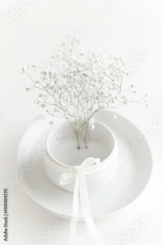 Obraz na płótnie Delicate baby's breath floral arrangement in a white ceramic vase with a satin ribbon on a plate creating a serene and minimalist aesthetic against a clean white background w salonie