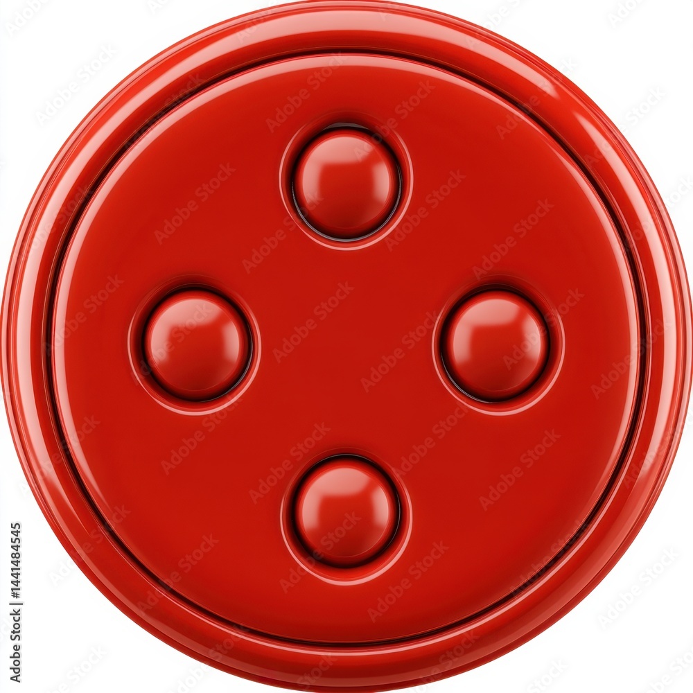 A Vibrant Red Button with Four Circular Depressions Capturing a Sense of Simplicity and Functionality with a Smooth Glossy Surface and Clean Design on White Background