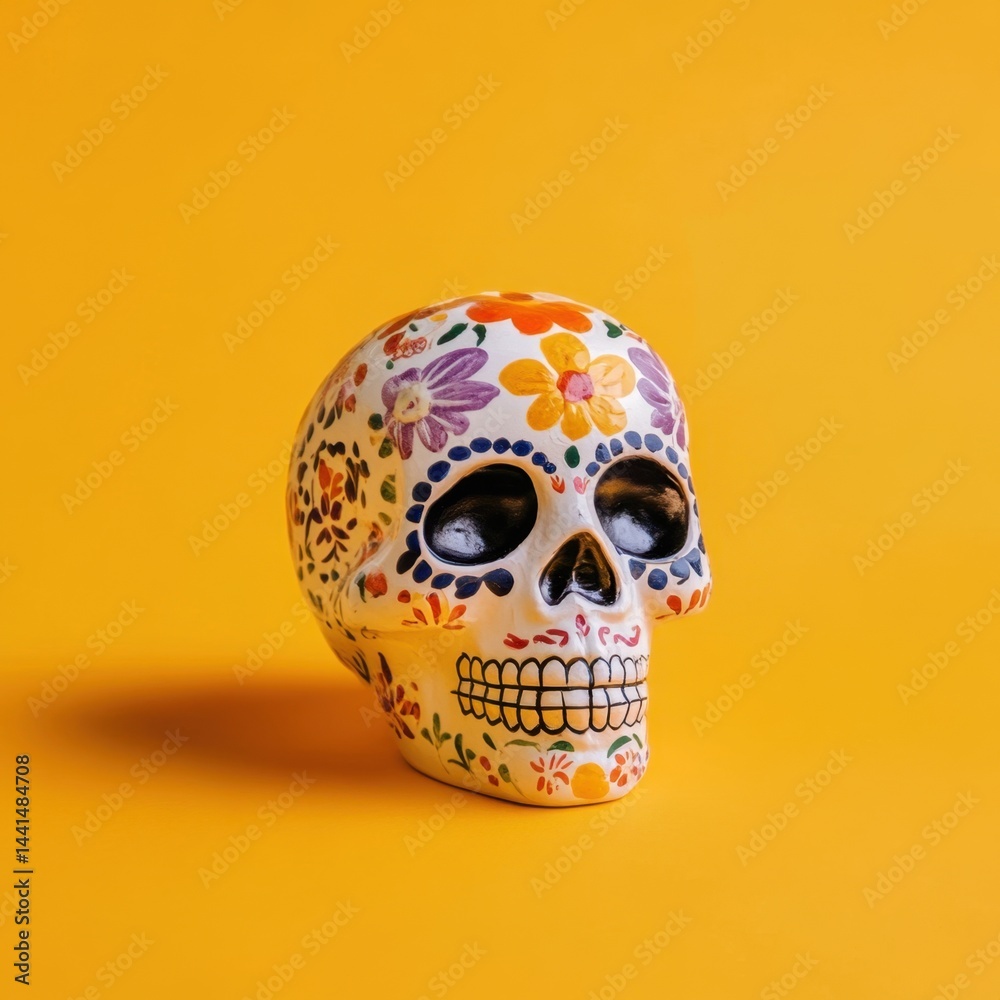 Vibrant floral sugar skull against a bright yellow backdrop capturing the essence of Dia de los Muertos celebration and cultural artistry with a festive mood