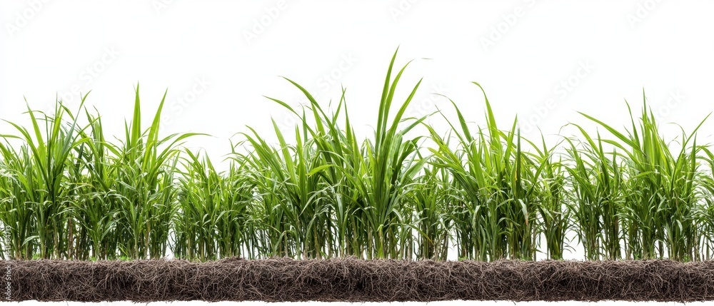 Lush green sugarcane plants thriving in soil with intricate root systems against a pristine white backdrop showcasing agricultural vitality and natural beauty