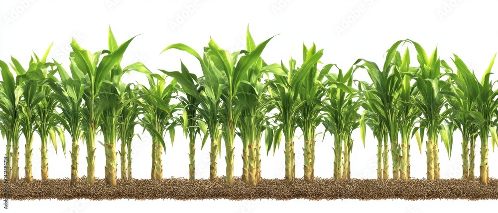 Lush Green Corn Plants Growing in a Row Against a White Background Cultivated in Rich Soil Showing the Beauty of Agriculture and Farming in a Bright and Clean Composition