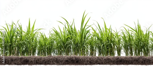 Obraz na płótnie Lush green sugarcane plants thriving in soil with intricate root systems against a pristine white backdrop showcasing agricultural vitality and natural beauty w salonie