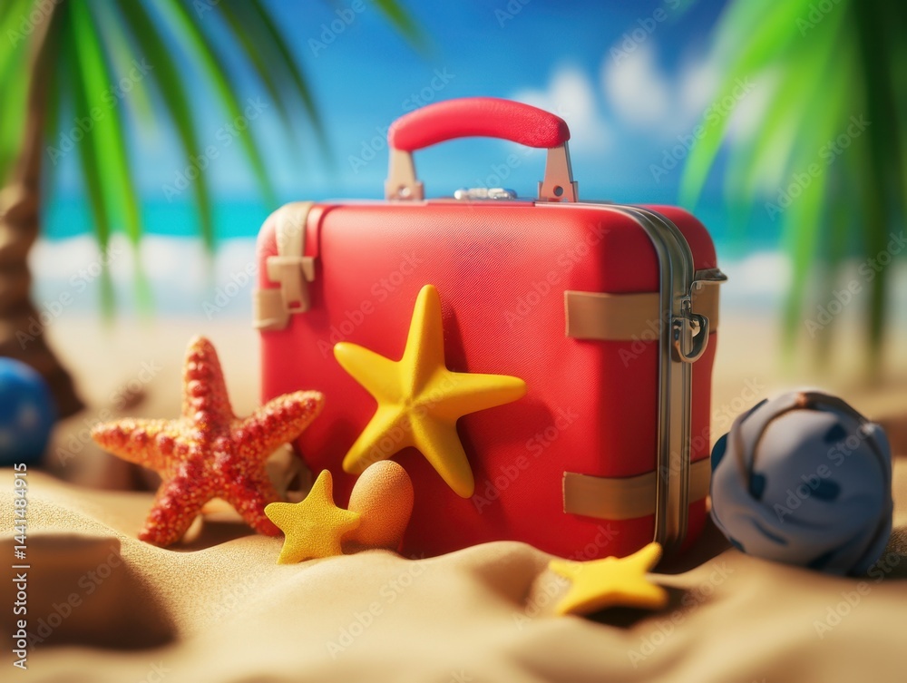 Vibrant red suitcase on sandy beach with starfish and palm trees under a bright blue sky vacation travel concept summer holiday destination
