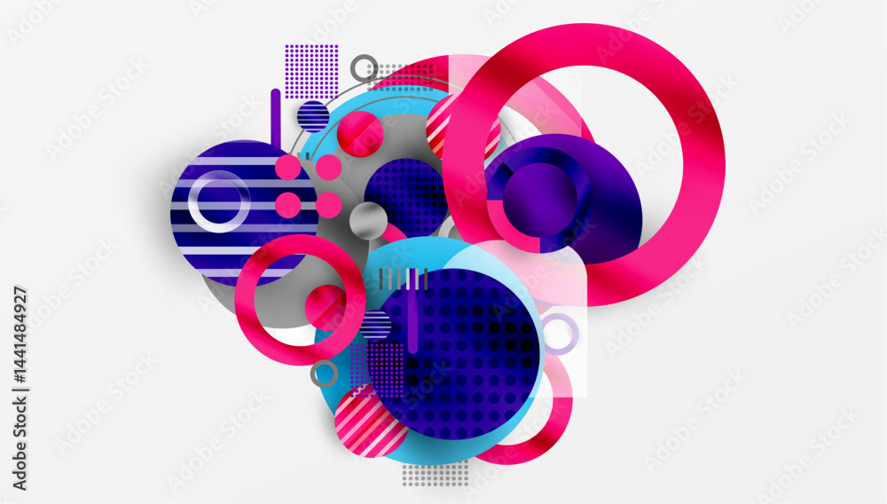 Fototapeta premium Abstract composition featuring overlapping circles, squares, lines. Vibrant pinks, blues, purples create dynamic visual effect. Modern design elements.