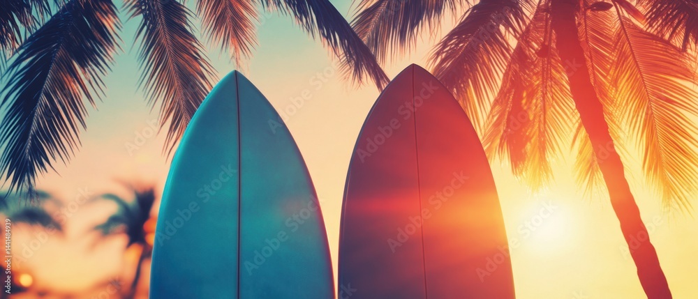Serene tropical beach scene with surfboards against palm trees at sunset creating a tranquil vacation vibe and inviting adventure for a perfect summer getaway