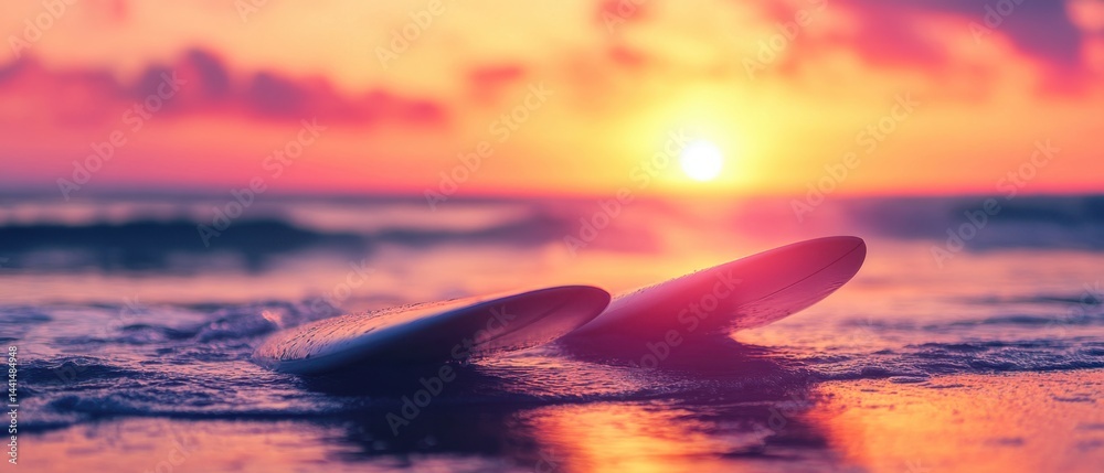 Two surfboards resting on the beach with a vibrant sunset casting a warm glow over the ocean waves creating a serene and peaceful scene at dusk