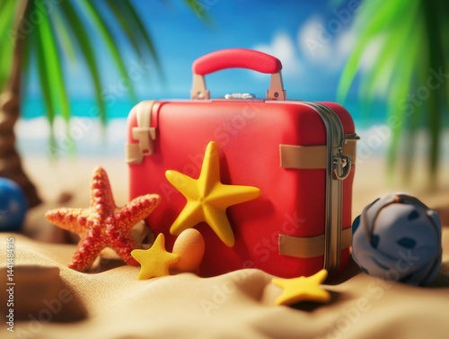 Obraz na płótnie Vibrant red suitcase on sandy beach with starfish and palm trees under a bright blue sky vacation travel concept summer holiday destination w salonie