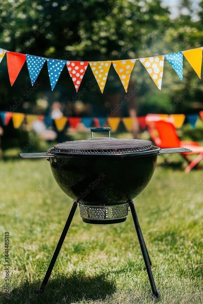 Backyard barbecue grill party celebration with colorful bunting flags hanging in the summer garden sunny day outdoor cooking and grilling picnic concept