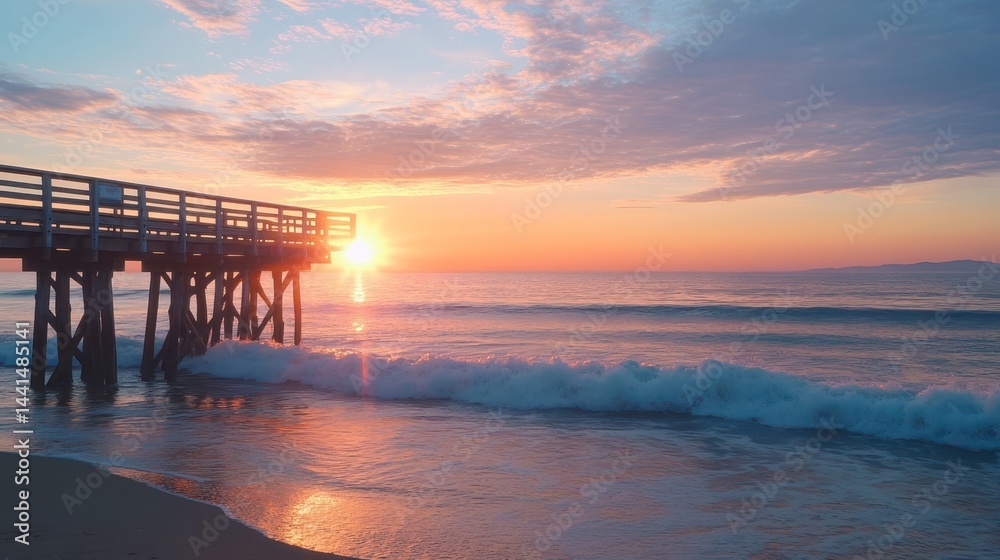 Majestic pier view as the sun sets over a tranquil ocean, evoking peace