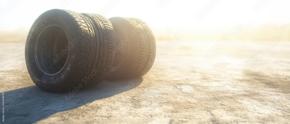 Automotive tires resting on concrete surface under bright sunlight showcasing tread pattern and texture for transportation industry needs and vehicle maintenance