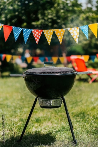 Obraz na płótnie Backyard barbecue grill party celebration with colorful bunting flags hanging in the summer garden sunny day outdoor cooking and grilling picnic concept w salonie