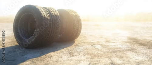 Obraz na płótnie Automotive tires resting on concrete surface under bright sunlight showcasing tread pattern and texture for transportation industry needs and vehicle maintenance w salonie